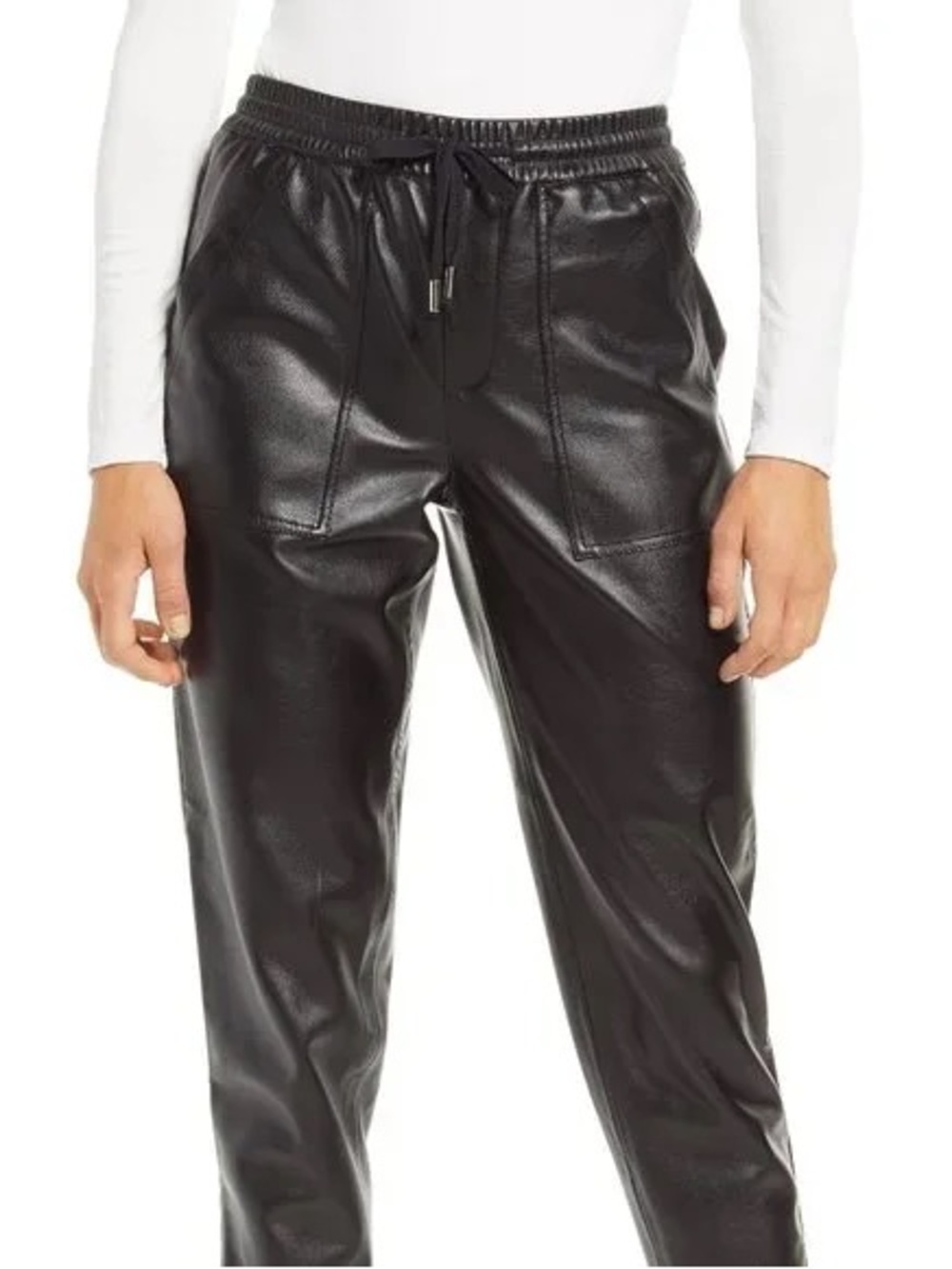 Black Faux-Leather Straight-Leg Pants with Drawstring Waist
